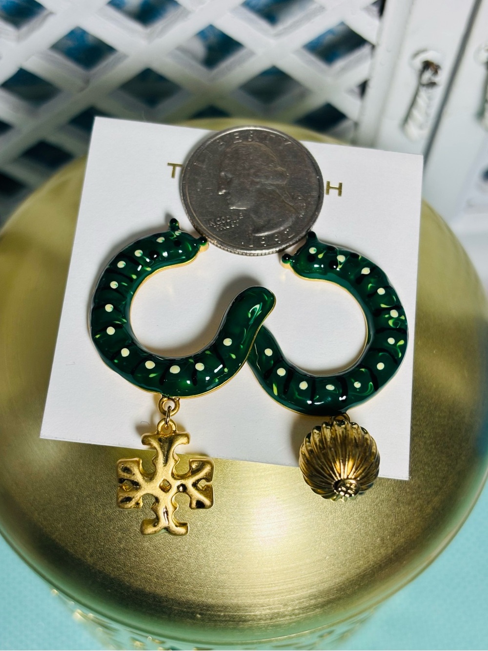 Tory Burch Green Enamel Snails Shaped Earrings with Gold Charms. New on card. - Picture 4 of 5